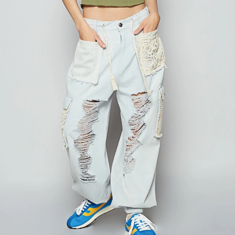 POL Light Wash Stretchy Waist Crochet Distressed Denim Joggers Pants - Picture 1 of 4